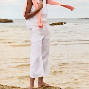NEW Lands End Linen Pants Womens XS White High-Rise Drawstring Wide Leg Crop